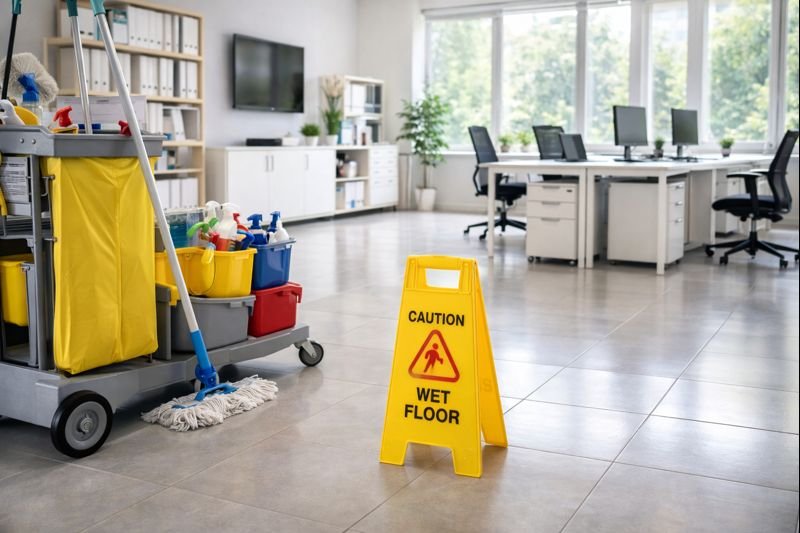 Janitorial cleaning supplies in a commercial office